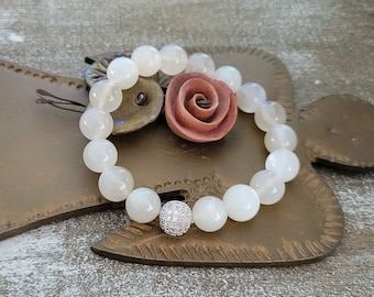 Gray Moonstone Bracelet: 10mm Gemstone, Cubic Zirconia Accent