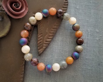 Mixed Gemstone Bracelet: Yellow Jade, Pietersite, Druzy Agate, Aventurine