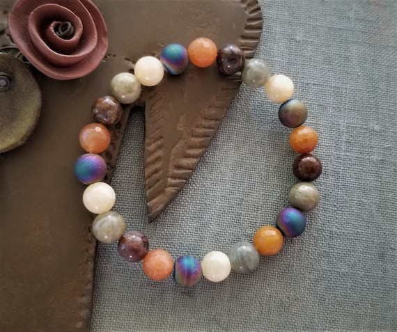 Mixed Gemstone Bracelet: Yellow Jade, Pietersite, Druzy Agate, Aventurine