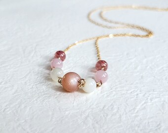 Dainty Gemstone Necklace: Sunstone, Moonstone, Rose & Strawberry Quartz