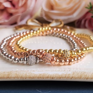 Trinity Brass Bead Bracelet Cubic Zirconia Bracelet Stacking Bracelet Mixed Colors Bracelet Three Colors Bracelet Layering Bracelet Gift