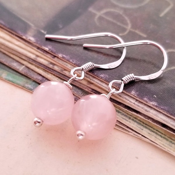 Boucles d'oreilles en quartz rose, Boucles d'oreilles en argent sterling, Boucles d'oreilles minimalistes, Boucles d'oreilles en pierres précieuses, Boucles d'oreilles pendantes, Quartz rose, Cadeau de boucles d'oreilles roses