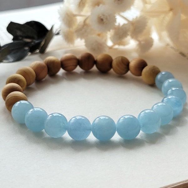 Bracelet aigue-marine, bracelet diffuseur, pierre de guérison, bracelet de yoga en bois de cèdre, pierres précieuses aigue-marine, cadeau bracelet, bracelet en cristal bleu