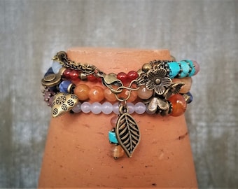 Mixed Gemstone Bracelet Set: Antique Brass Boho Stacking Bracelets