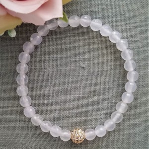 White Agate Gemstone Bracelet: Gold CZ Pave Ball, Boho Crystal Healing