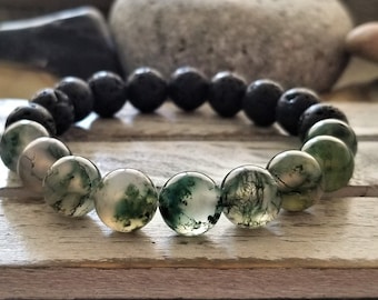 Moss Agate Bracelet Diffuser Meditation Crystal Bracelet Gift Healing Stone Black Lava Bracelet Yoga Bracelet Men's Gemstones Bracelet