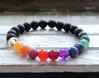 Bracelet de pierres précieuses chakra : diffuseur de pierres de lave en cristal arc-en-ciel