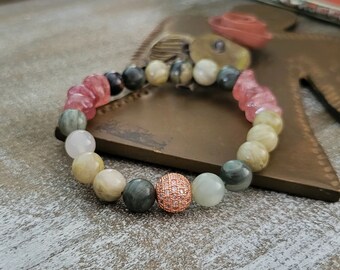 Jade & Strawberry Quartz Bracelet: Rose Gold Cubic Zirconia Gemstone