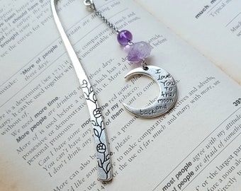 Gemstones bookmark, I Love you to the moon and back gift bookmark, Boho amethyst bookmark, Silver metal and raw amethyst bookmark