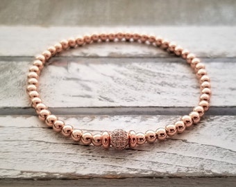 Rose Gold Brass Bead Bracelet: Minimalist Cubic Zirconia CZ Bracelet