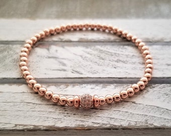 Rose Gold Brass Bead Bracelet Cubic Zirconia Bracelet Rose Gold CZ Bracelet Minimalist Bracelet Gift For Her Bracelet Rose Gold