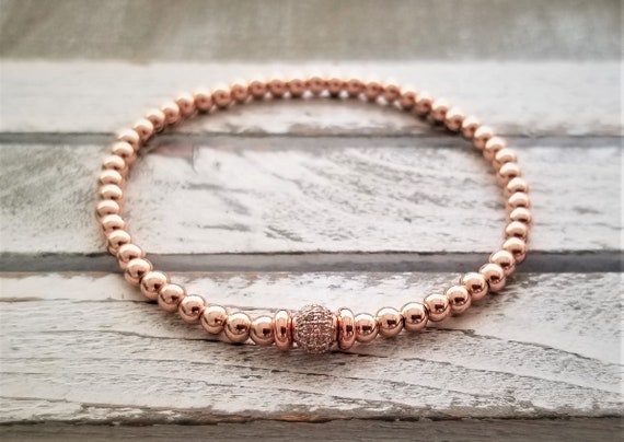 Rose Gold Brass Bead Bracelet: Minimalist Cubic Zirconia CZ Bracelet
