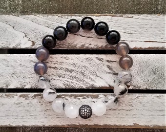 Men's Black Rutilated Quartz Bracelet: Obsidian, Agate & Cubic Zirconia