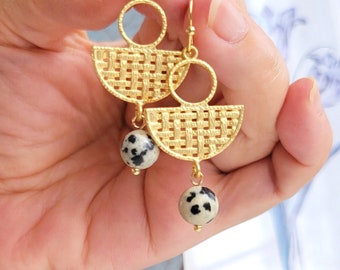 Matte Gold Dalmatian Jasper Earrings: Boho Geometric Dangle