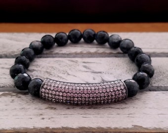 Larvikite Labradorite Bracelet: CZ Gunmetal Tube, Boho Crystal