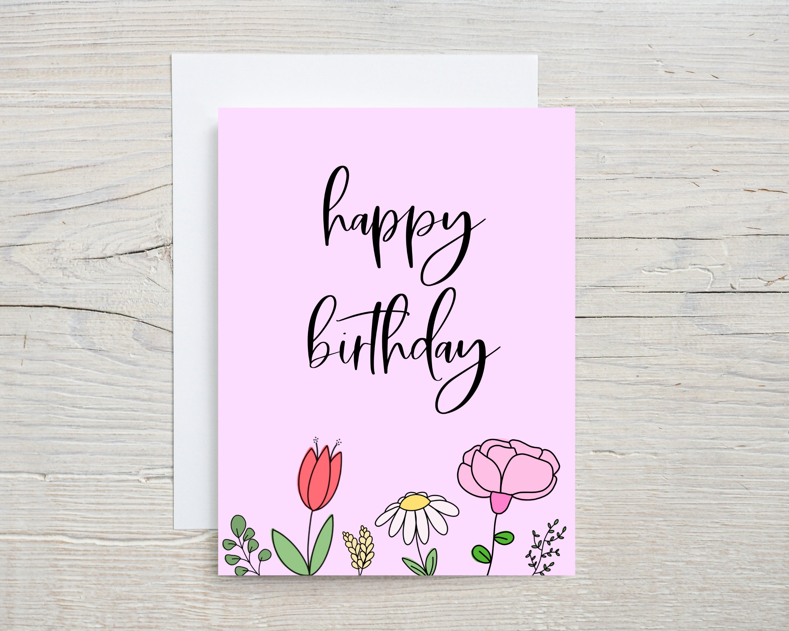 Printable Happy Birthday Flower Card Digital Floral Birthday Etsy