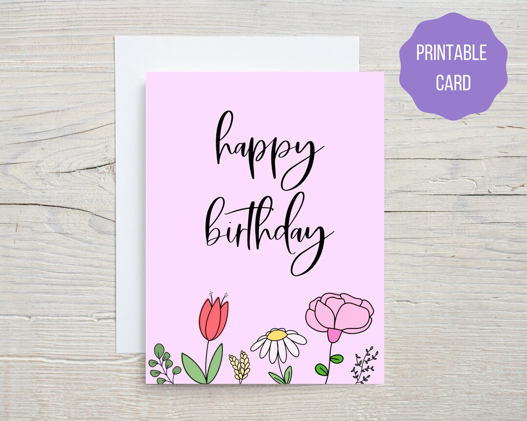 Printable Happy Birthday Flower Card Digital Floral Birthday Etsy