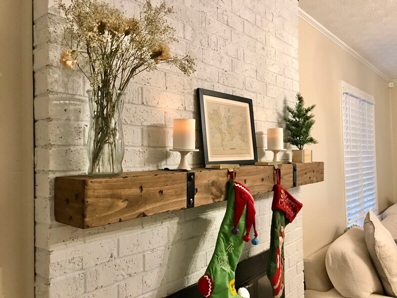 Christmas faux beam rustic fireplace mantel metal straps gray Etsy