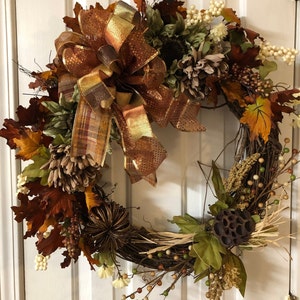 Fall Winter Grapevine Wreath Sunflower Leaves Lotus Pod