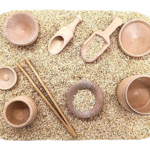 Juguetes Montessori, Kit de herramientas de contenedor sensorial, Trabajo de transferencia, Motricidad fina, Cucharas de madera, Pinzas - Kit sensorial para niños pequeños Montessori y Juguete Waldorf