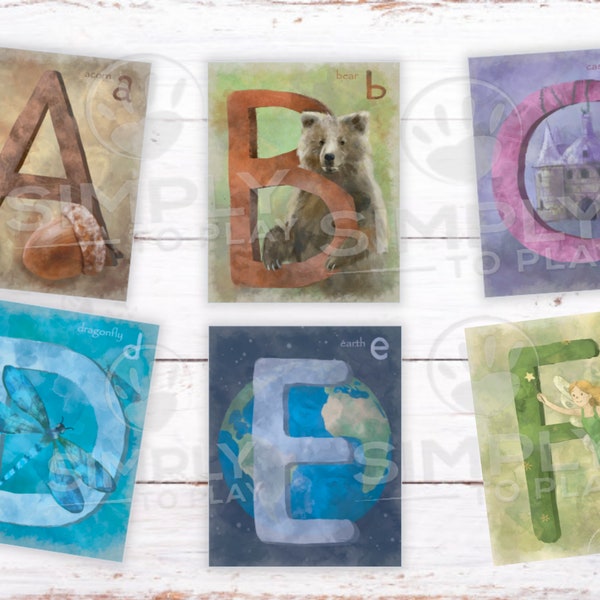 Waldorf Alphabet Cards Watercolor - Montessori Printable PDF - Waldorf Montessori Classrooms Homeschool Education Toys ABC Cards