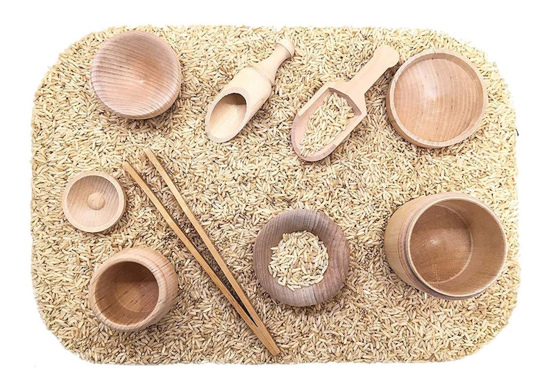 Montessori Toys, Sensory Bin Tools Kit, Transfer Work, Fine Motor, Wooden Scoops, Tongs - Toddler Sensory Kit Montessori and Waldorf Toy 