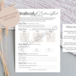 May include: A white digital download document titled Breathwork for Emotional Reset with five steps of guided practice, line art illustrations of a person, and a separate text box detailing the included high-resolution 8.5 x 11 inch PDF file.