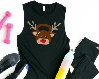 Christmas Holiday Workout Tank Top / Cute Christmas Season Weightlifting Gym Top / Fitness Gift for Her / Reindeer Kettlebell Fun Workout