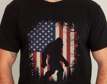Bigfoot American Flag T-shirt | Sasquatch Silhouette, Distressed USA 4th of July Shirt