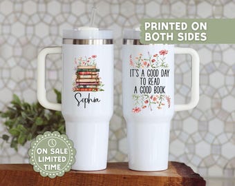 Personalized Book Lover Tumbler: Floral 40 oz Travel Mug