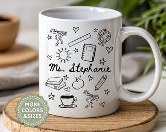 Personalized Teacher Coffee Mug: Custom Name, School Doodles