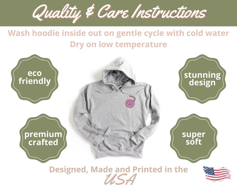 May include: A gray hoodie with a pink design on the front. The hoodie is made in the USA and is eco-friendly, premium crafted, super soft, and has a stunning design. The care instructions are to wash the hoodie inside out on a gentle cycle with cold water and dry on low temperature.