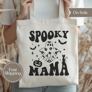 Cute Halloween Ghost Tote Bag for Mom, Spooky Mama Tote Bag, Halloween Party Humor Tote Bag, Trick or Treat Candy Carrying Reusable Bag