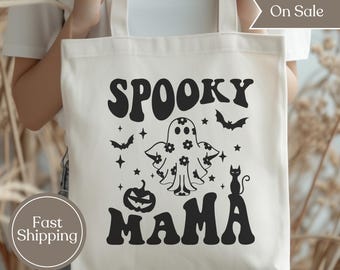 Cute Halloween Ghost Tote Bag for Mom, Spooky Mama Tote Bag, Halloween Party Humor Tote Bag, Trick or Treat Candy Carrying Reusable Bag