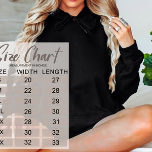 May include: Size chart for a hoodie with measurements in inches. The chart shows the width and length of the hoodie in inches for sizes S, M, L, XL, 2X, 3X, and 4X.