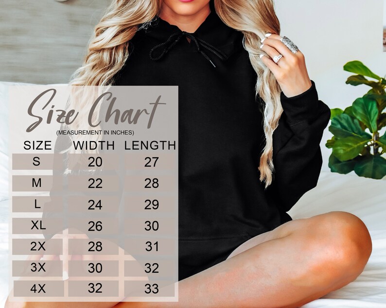May include: Size chart for a hoodie with measurements in inches. The chart shows the width and length of the hoodie in inches for sizes S, M, L, XL, 2X, 3X, and 4X.