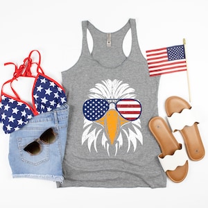 Patriotic Bald Eagle American Flag Glasses 4th of July Women&#39;s Racerback Tank Top, Gym Workout Fitness or Casual Holiday Gift for Her