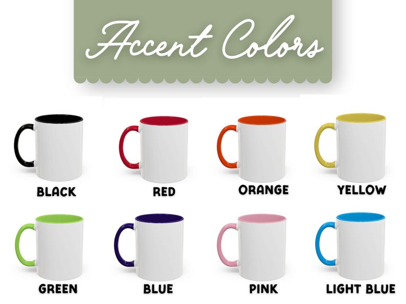 Pu&ograve; includere: Tazze in ceramica bianca con manici e interni colorati. Le tazze sono esposte con dettagli neri, rossi, arancioni, gialli, verdi, blu, rosa e azzurri. Il testo "Accent Colors" &egrave; in alto.