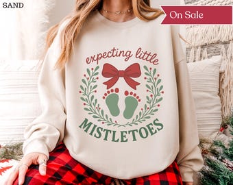 Expecting Little Mistletoes Sweatshirt, Gildan Sweatshirt for Expecting Mothers Pregnancy Announcement Christmas Sweater