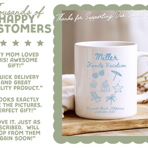 Pu&ograve; includere: Tazza in ceramica bianca con un design blu vacanza al mare. La tazza presenta il testo "Miller Family Vacation" con illustrazioni a tema spiaggia e la localit&agrave; "Newport Beach, California, settembre 2025."