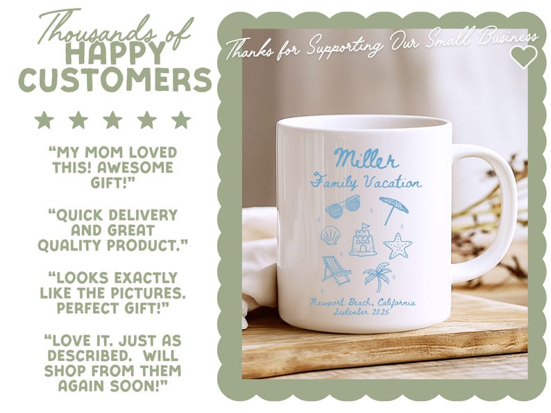 Pu&ograve; includere: Tazza in ceramica bianca con un design blu vacanza al mare. La tazza presenta il testo "Miller Family Vacation" con illustrazioni a tema spiaggia e la localit&agrave; "Newport Beach, California, settembre 2025."