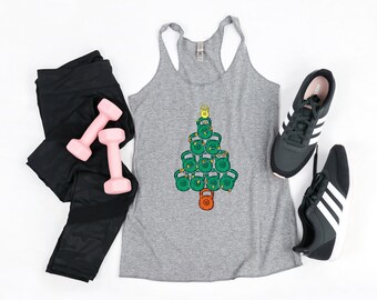 Christmas Tree Kettlebells Women's Holiday Workout Tank Top / Cute Christmas Season Crossfit Weightlifting Gym Shirt / Fitness Gift for Her