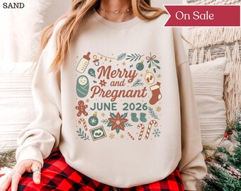 Merry and Pregnant Personalized Christmas Sweatshirt for Expecting Mothers Pregnancy Announcement Christmas Sweater