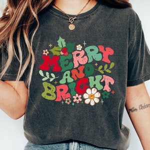 Merry And Bright Shirt, COMFORT COLORS Retro Christmas Shirt, Cute Christmas Shirt, Retro Christmas T-Shirts, Holiday Shirts, Distressed Tee