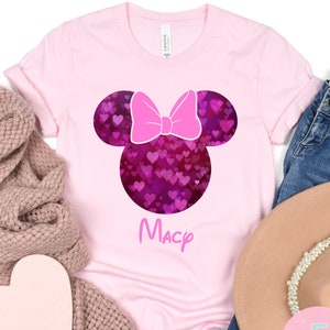 Personalized Minnie Bokeh Hearts Shirt, Disney Valentine Name Shirt, Disney Valentine's Day Shirt, Kids Disney Valentine's Day Shirt