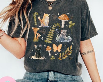 Chemise chaton vintage florale Cottagecore aquarelle, chemise chat surdimensionnée, chemise chat mignon, t-shirt chat drôle, chemise chat esthétique