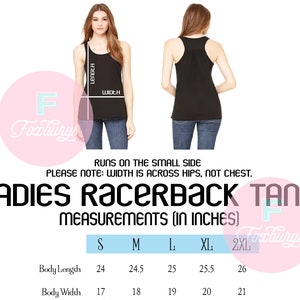 May include: A size chart for a racerback tank top with measurements in inches. The chart shows the body length and body width for sizes S, M, L, XL, and 2XL.