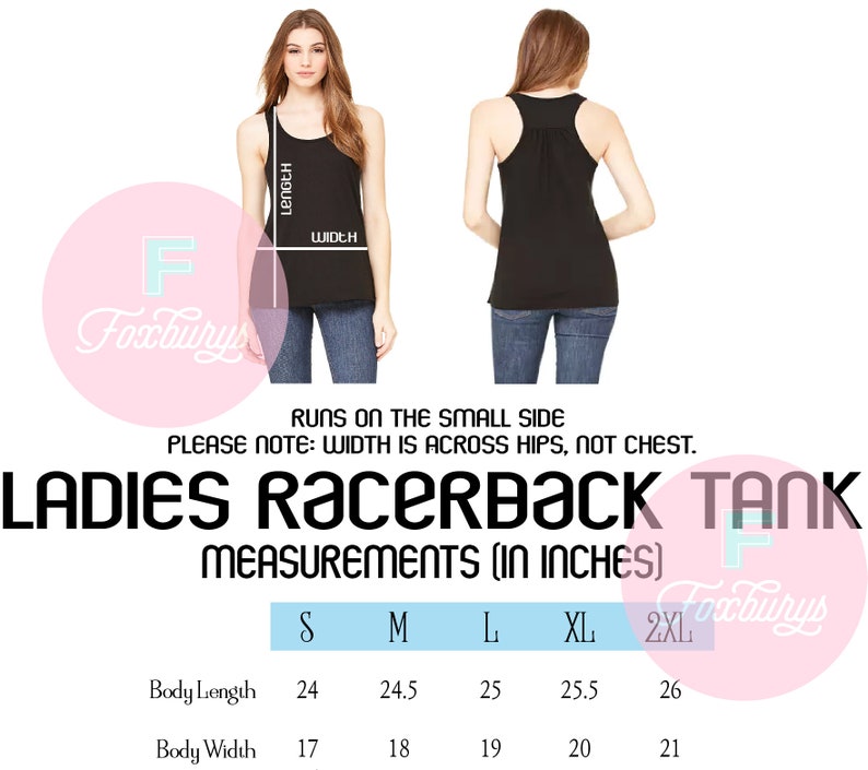 May include: A size chart for a racerback tank top with measurements in inches. The chart shows the body length and body width for sizes S, M, L, XL, and 2XL.
