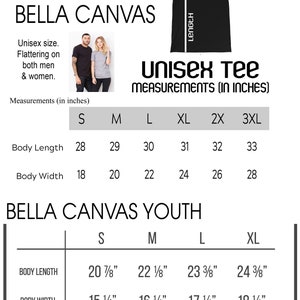 May include: A size chart for Bella Canvas unisex and youth t-shirts. The chart shows measurements in inches for body length and width, as well as the corresponding youth sizes.