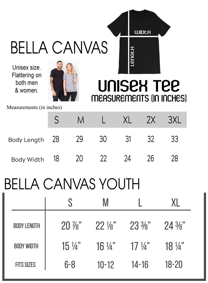 May include: A size chart for Bella Canvas unisex and youth t-shirts. The chart shows measurements in inches for body length and width, as well as the corresponding youth sizes.